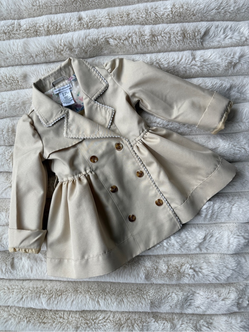 cupcakes & cashmere Girls Cream Double-Breasted Pea Coat with Scalloped Trim